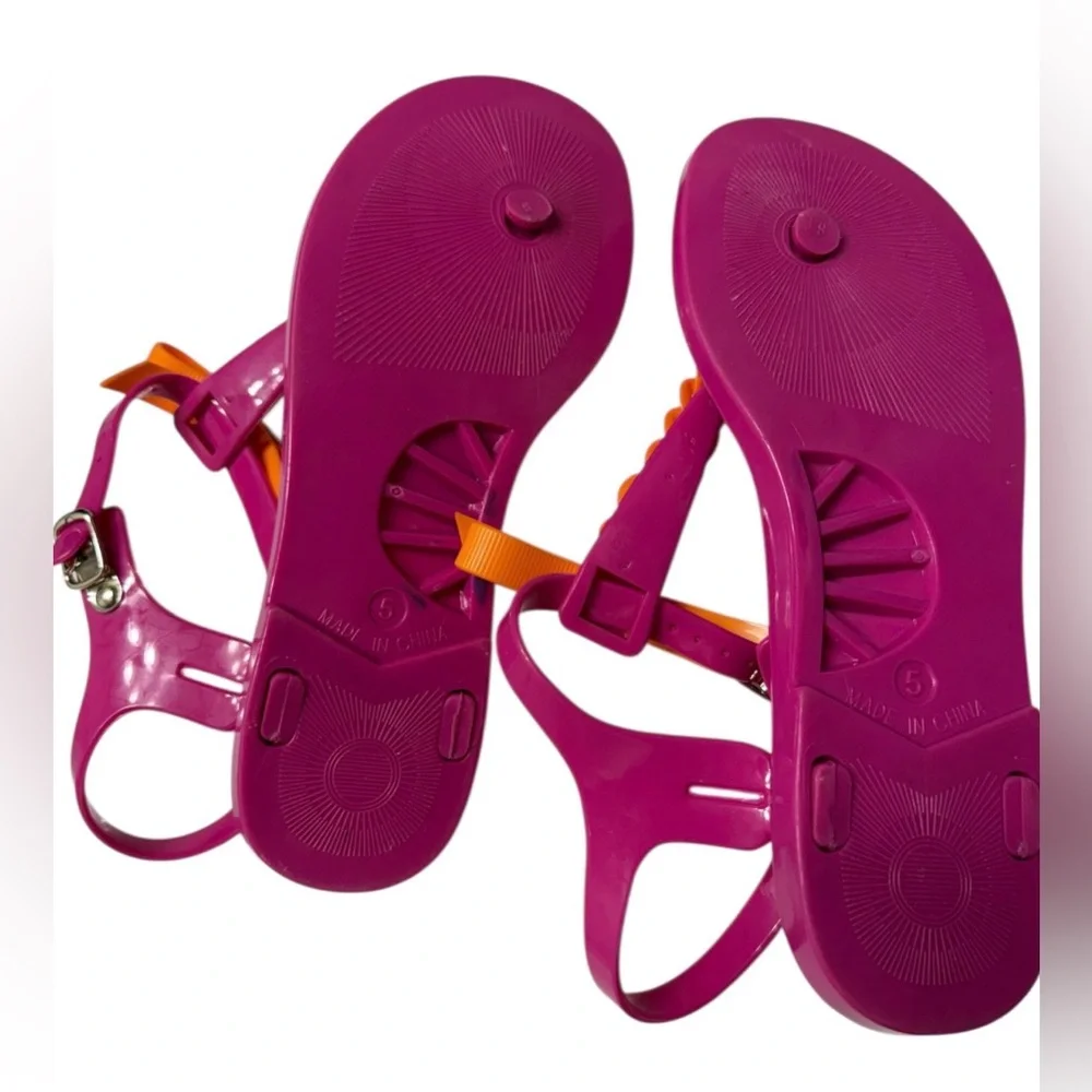 KATE SPADE NEW YORK JELLY SANDALS SIZE 5 PINK ORANGE BOW CHAIN ANKLE STRAP FLATS - Picture 9 of 10